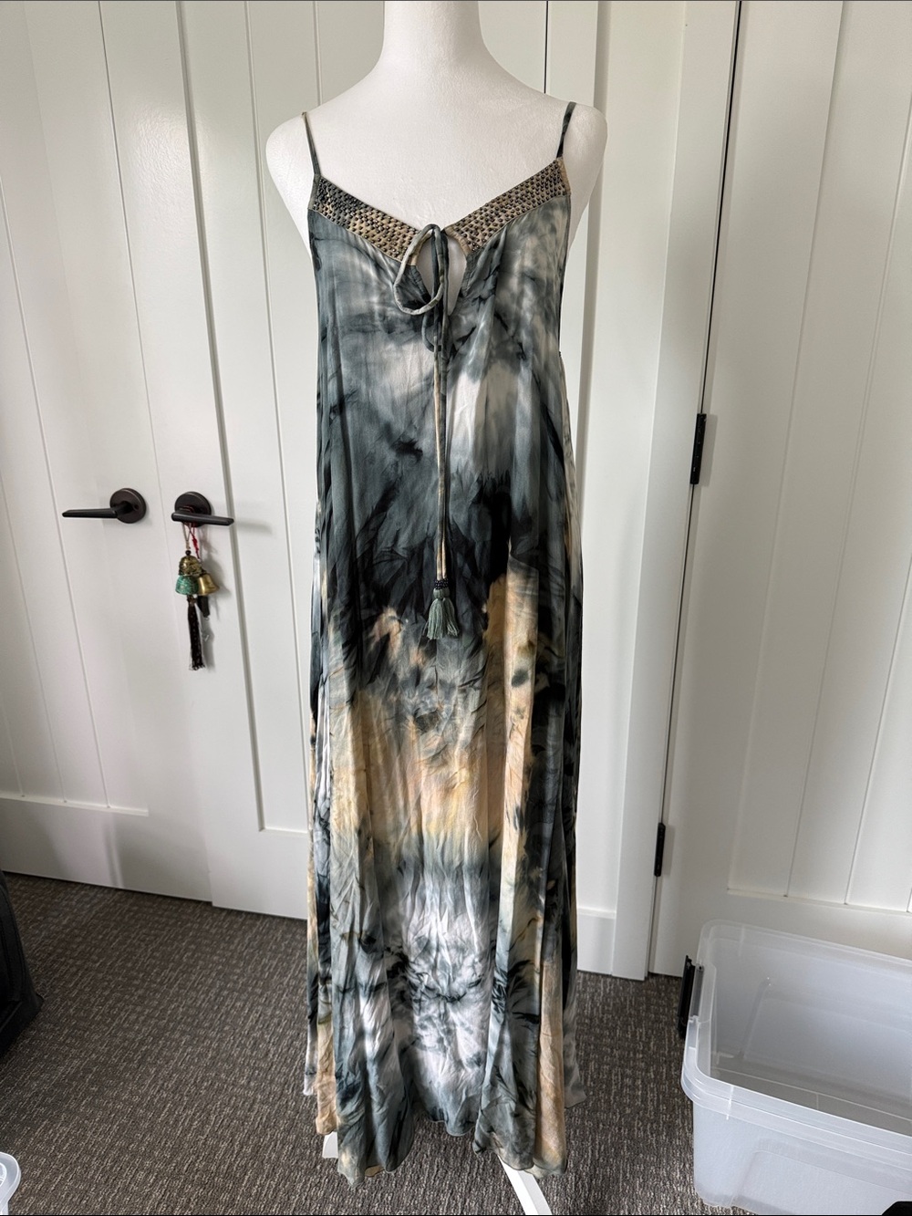 Tie-Dye Spaghetti Strap Maxi Dress with Tassel Tie